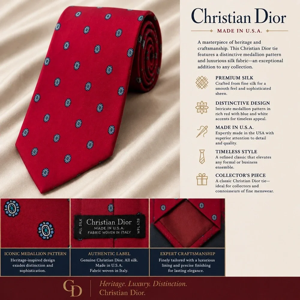 Christian Dior Red Silk Medallion Necktie Made in USA Italian Fabric Mens Tie